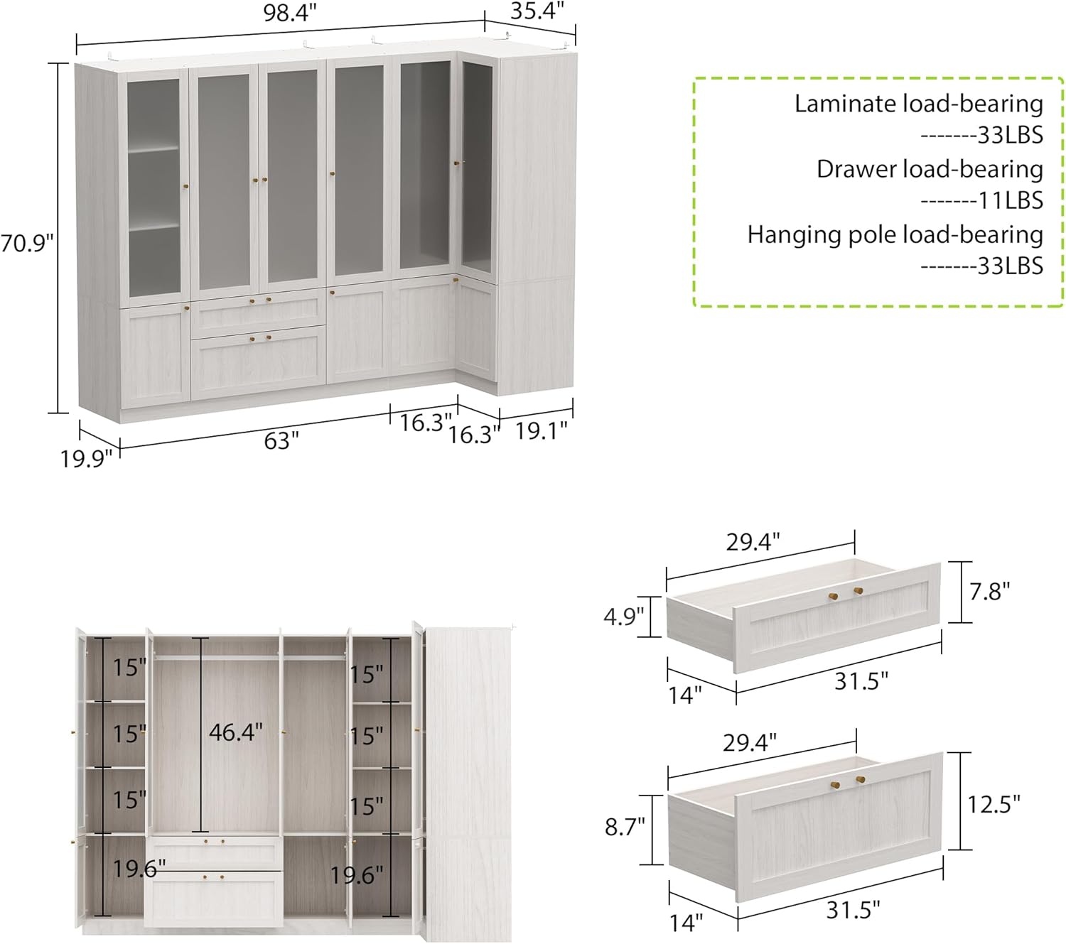 Homsee Extra Large L-Shape Armoire Wardrobe Closet with 6 Frosted Glass Doors, Hanging Bars, Shelves & Drawers, 98.4