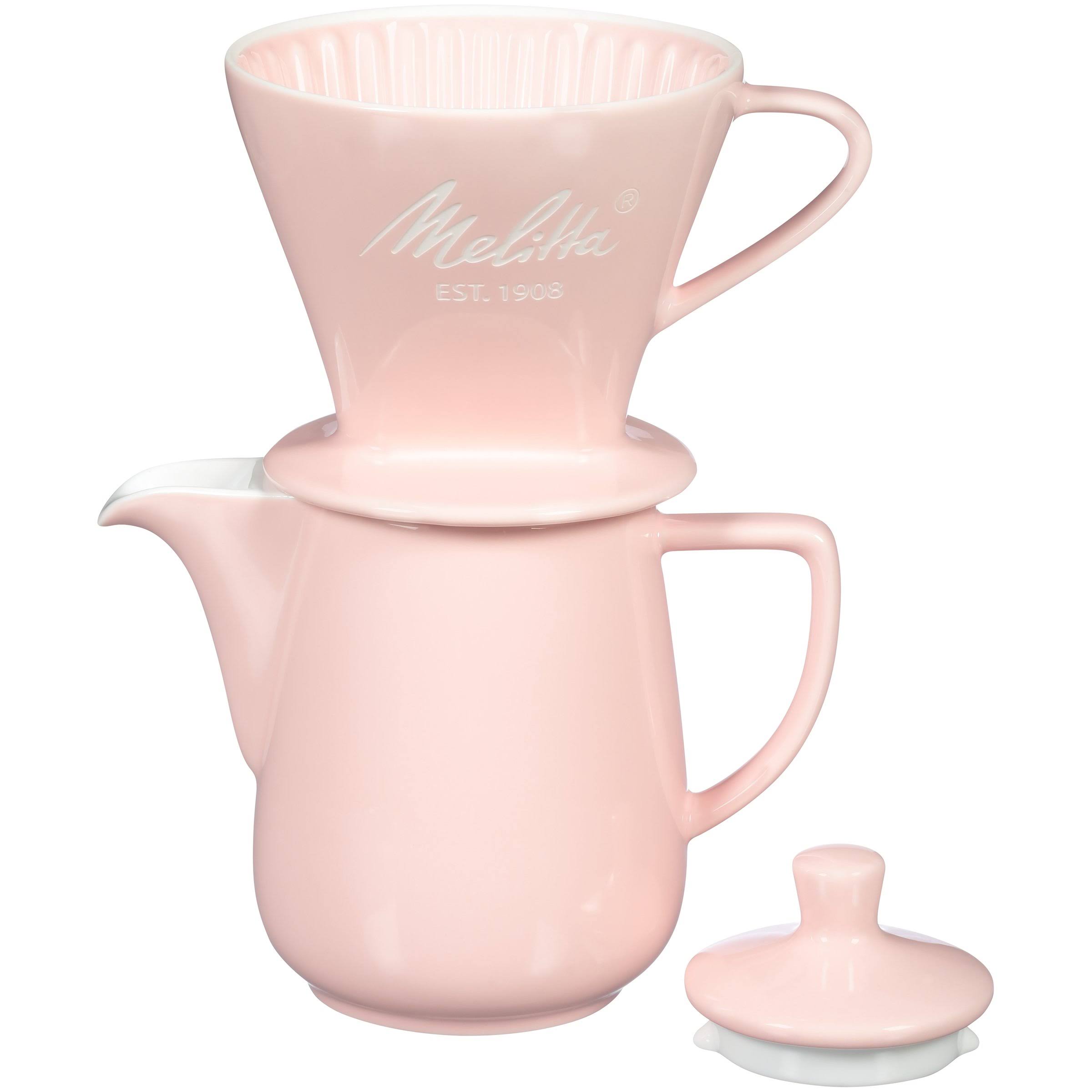 Melitta 64124 Porcelain Pour-Over Carafe Set with Cone Brewer and Carafe, Pastel Pink