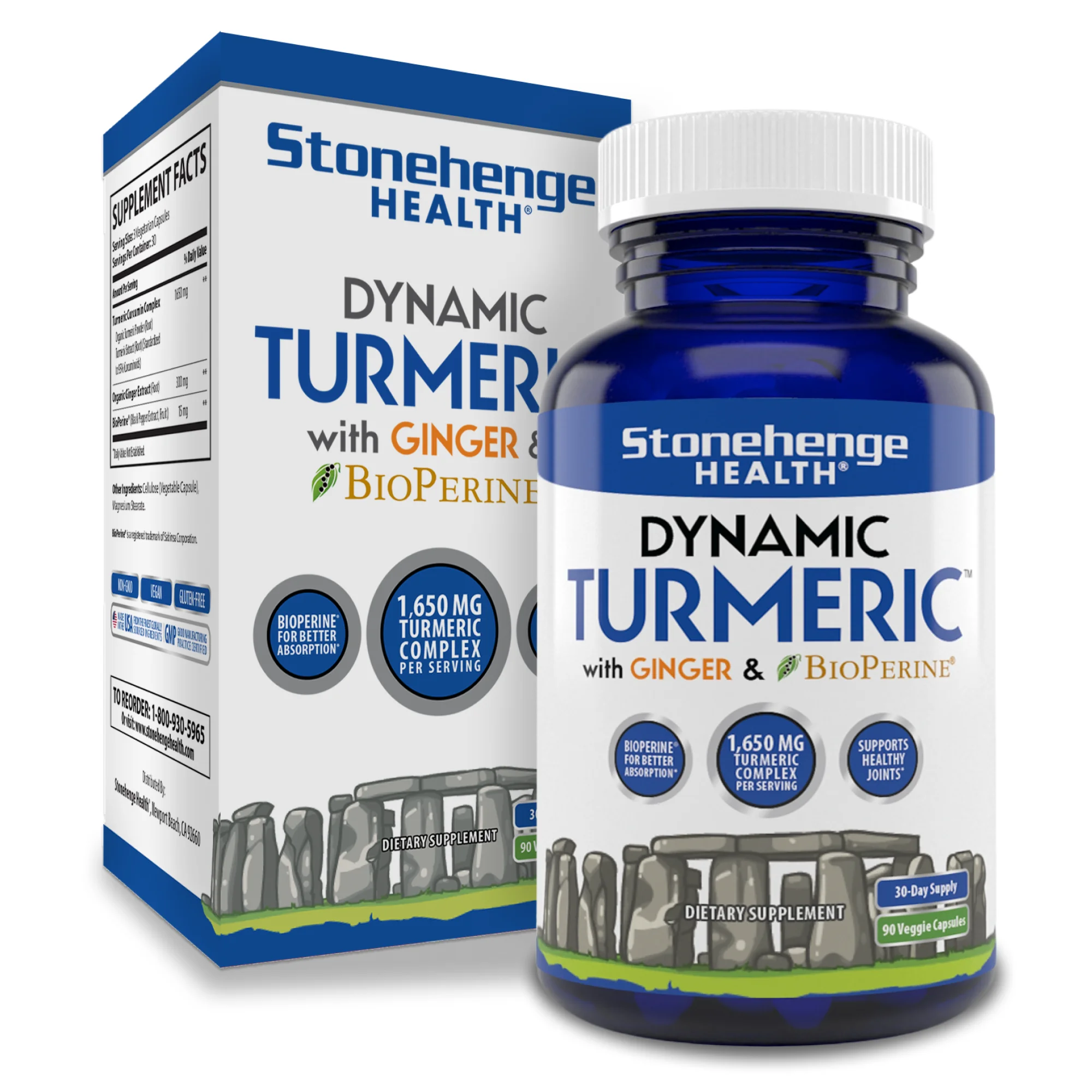 Stonehenge Health Dynamic Turmeric Curcumin Ginger Highest Potency Available. 1,650 mg Turmeric with 95% Curcuminoids & BioPerine® Supports Joint Health, 90 Vegetarian Capsules (1 Pack)