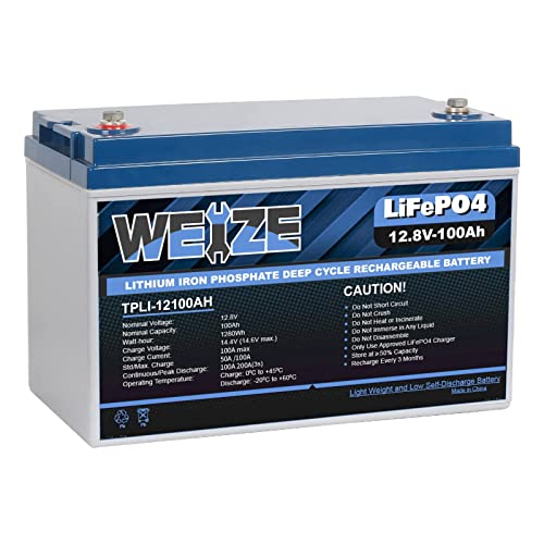 WEIZE 12V 100Ah LiFePO4 Lithium Battery, Upgrade Mini Size & Lightweight, 100A Smart BMS, Deep Cycle Low Temperature Protection Battery for RV, Solar, Marine, Trolling Motor, Off Grid Applications