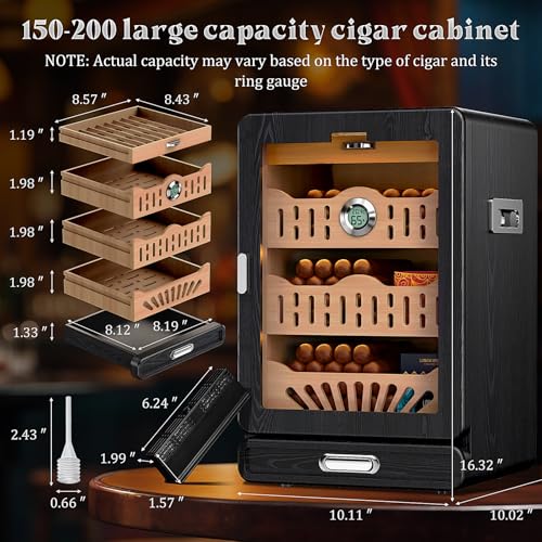 Cigar Humidor, Glass top Tabletop Cigar Humidor Cabinet Draw Pattern Spanish Cedar Tray, Accessories Drawer, 2 Standing Gel Humidifiers，1 Digital Hygrometer, for Men（Black）