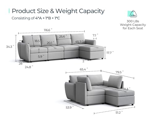 LINSY HOME Modular Sofa, All Covers Washable Changeable Sectional Couch with Storage & Memory Foam, U Shaped 4 Seat Sofa with 2 Ottomans for Living Room, Rounded Arm, Dark Grey