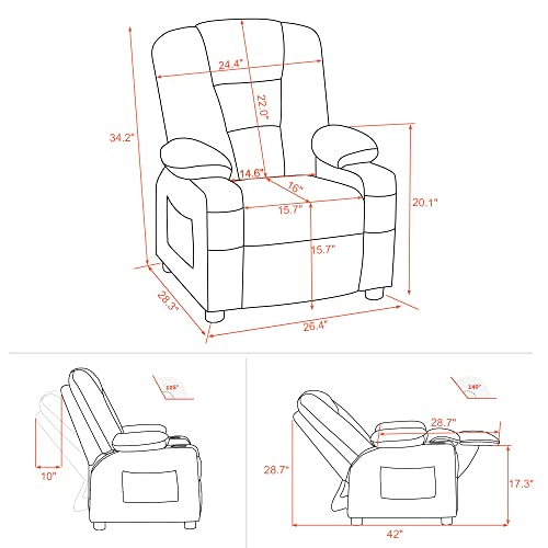 MCombo Big Kids Recliner Chair with Cup Holders for Toddler Boys and Girls, 2 Side Pockets, 3+ Age Group, Faux Leather 7322(Dark Grey)