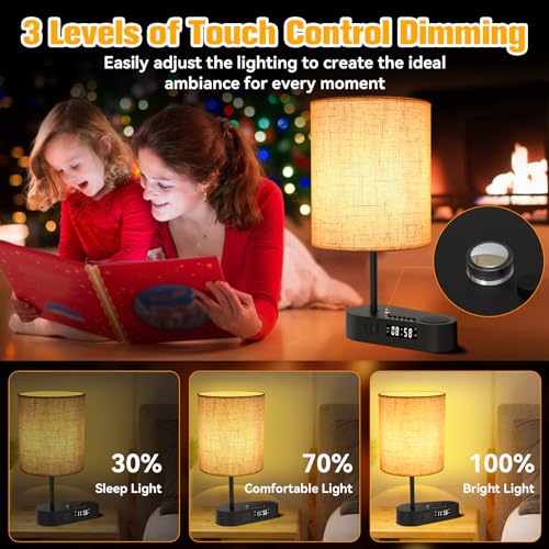 4-in-1 Touch Control Bedside Table Lamp with Bluetooth Speaker, Digital Clock, Dual Alarms, 3-Level Dimmable, and USB C+A Charging Ports - Perfect for Bedroom/Living Room/Nightstand/Home Office