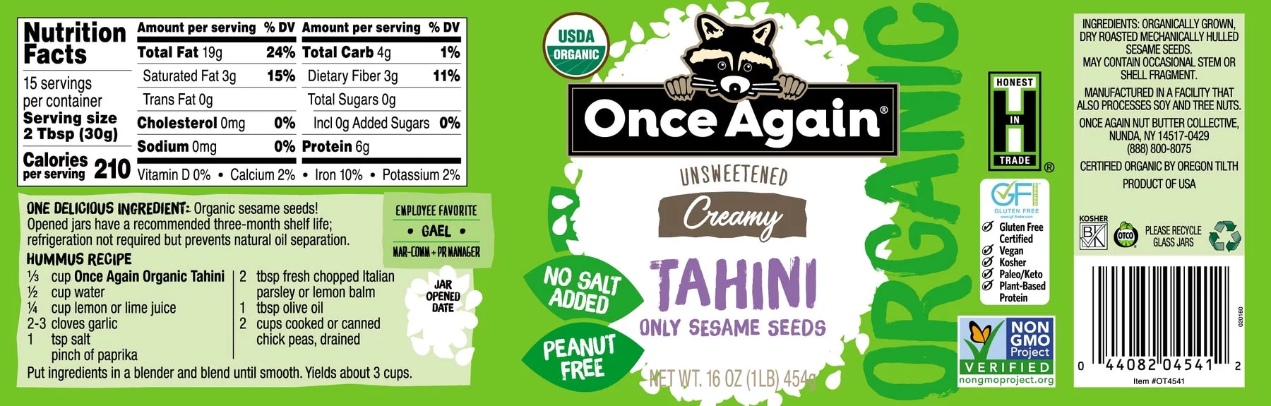 Once Again Organic Unsweetened Tahini Creamy Sesame Seed -- 16 oz Pack of 3