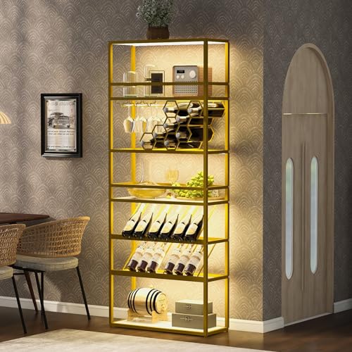 18 Bottle Wine Bakers Rack with LED Lights, 6 Tier Freestanding Floor Wine Rack with Glass Holder and Storage Shelves, Industrial Coffee Wine Bar Cabinet for Kitchen, Dining Room, Home Bar (Gold)