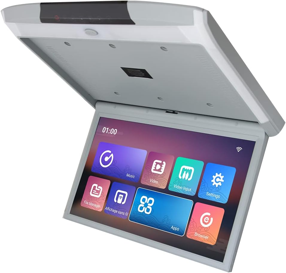 KUNFINE 15.6 Inch Android Car Roof Mounted Monitor Auto Ceiling Screen HD Video Vehicle Flip Down Overhead Multimedia Player Gray