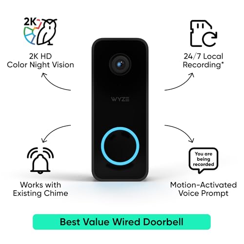 WYZE Video Doorbell v2, 2-Way Audio, 2K Video, Color Night Vision, IP65 Weather Proof, 24/7 Video Recording*, Package Monitor, Works with Alexa & Google Assistant, Wiring Required. Free Expert Setup