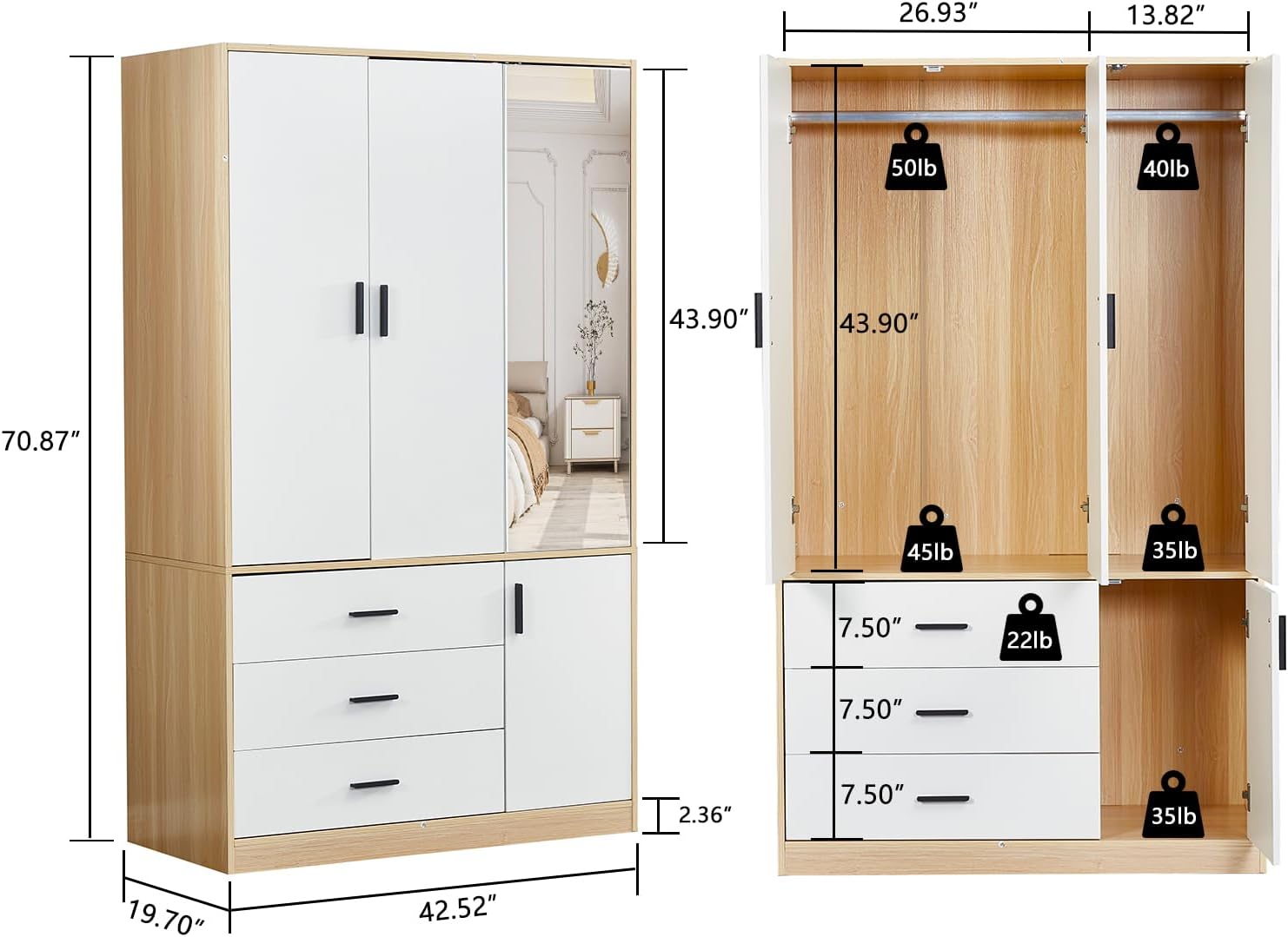 Wardrobe Closet, Armoire Wardrobe Closet with 3 Drawers, Bedroom Armoires with 2 Doors, Closet Cabinet with a Mirror, Wardrobe Closet with a Big Storage Cabinet, Wooden Closet for Bedroom
