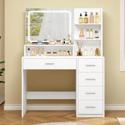 Quimoo Makeup Vanity Desk with Mirror & Lights, Vanity Desk with 5 Drawers & Storage Shelves, Vanity Table, 3 Color Modes & Adjustable Brightness Dressing Table, Bedroom, White
