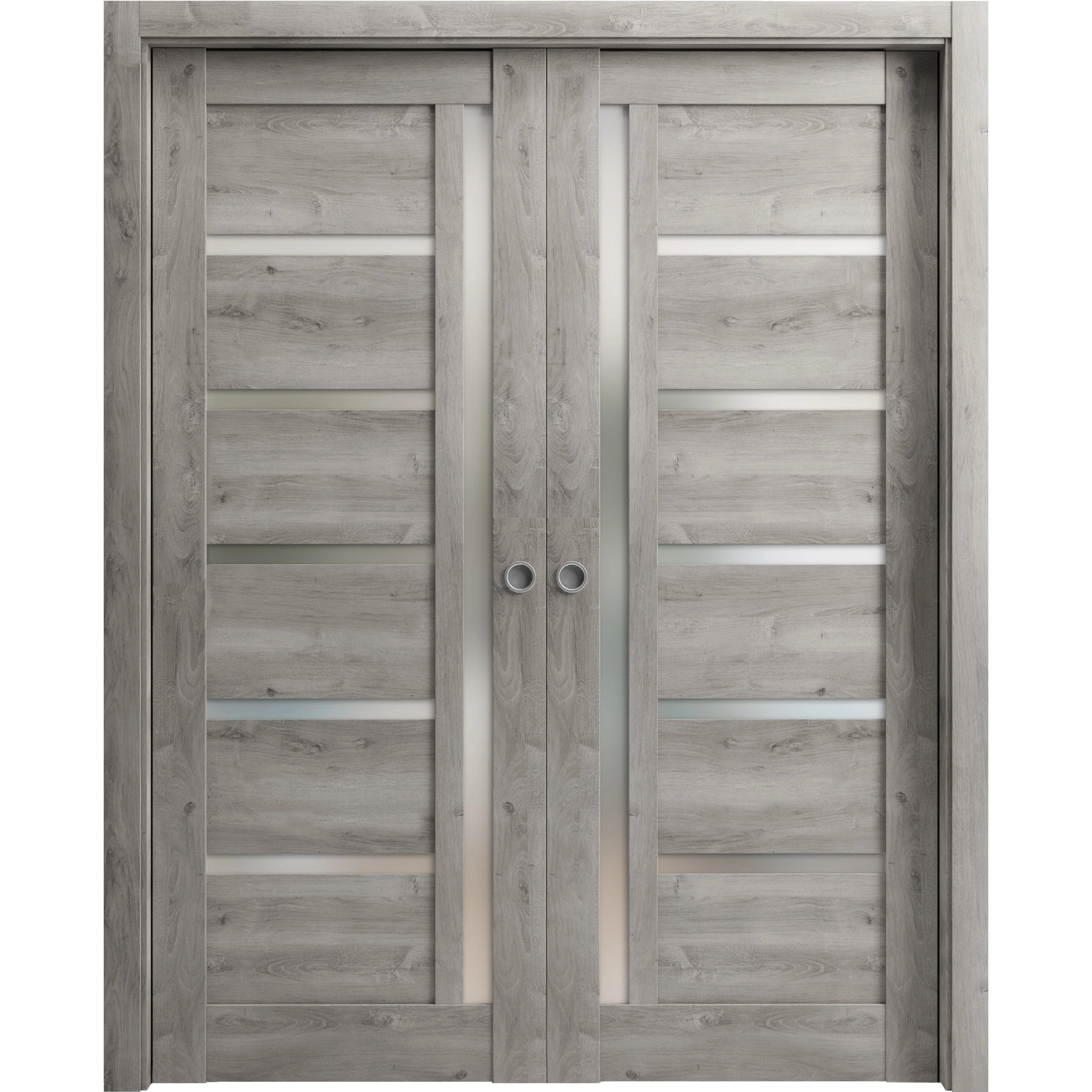 Sliding French Double Pocket Doors 84 x 80 inches | Quadro 4088 Nebraska Grey with Frosted Glass | Kit Trims Rail Hardware | Solid Wood Interior Bedroom Sturdy Doors