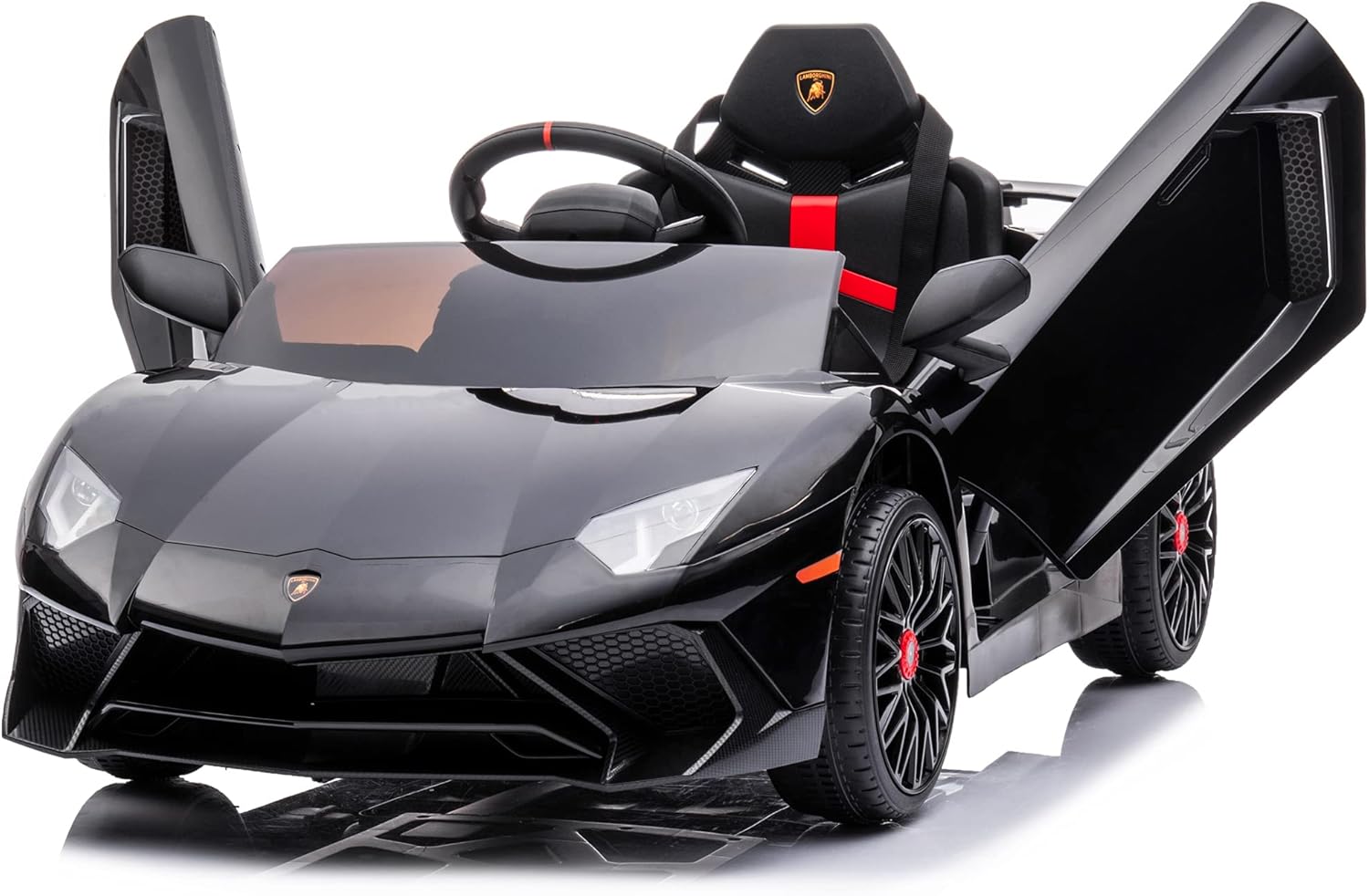 Kidzone Kids Electric Ride On 12V Licensed Lamborghini Aventador Battery Powered Sports Car Toy with 2 Speeds, Parent Control, Sound System, LED Headlights & Hydraulic Doors - Black