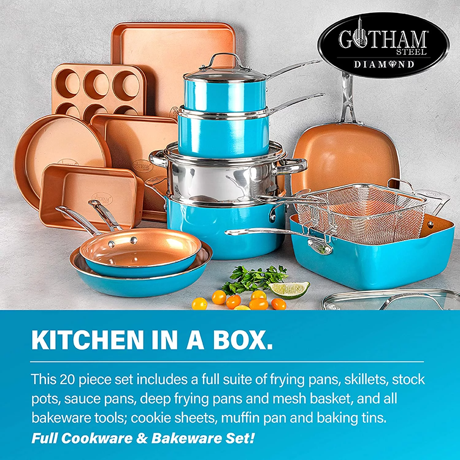Gotham Steel Cookware + Bakeware Set with Non-stick Durable Ceramic Copper Coating – Includes Skillets, Stock Pots, Deep Square Fry Basket, Cookie Sheet and Baking Pans, 20 Piece, Turquoise