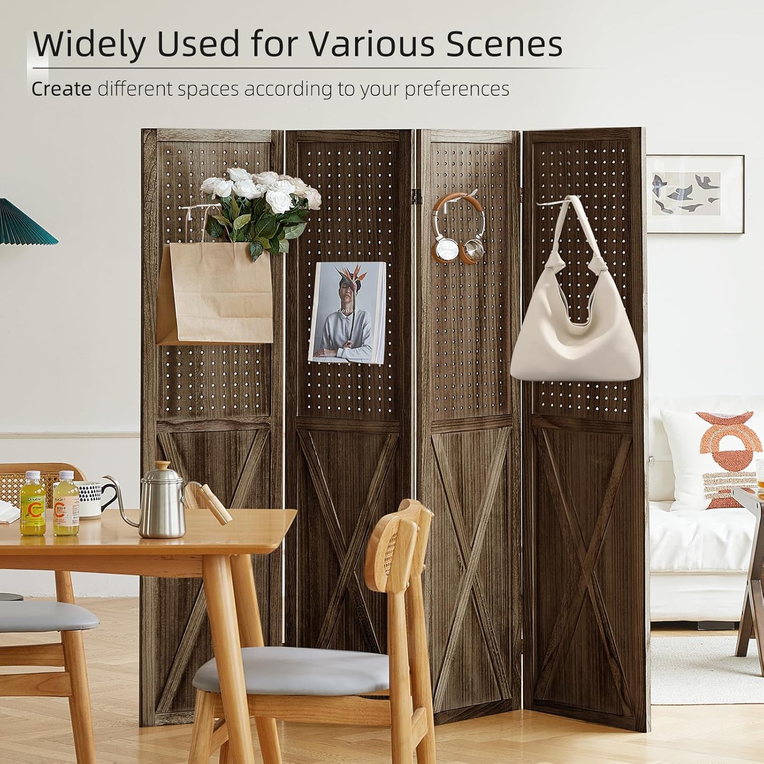Pegboard Display Wood Room Divider 4 Panel, Folding Privacy Screens, Peg Board Room Divider, 5.6Ft Room Divider, Portable Pegboard Display Stand Organizer for Art, Jewelry, Craft Shows (Brown)