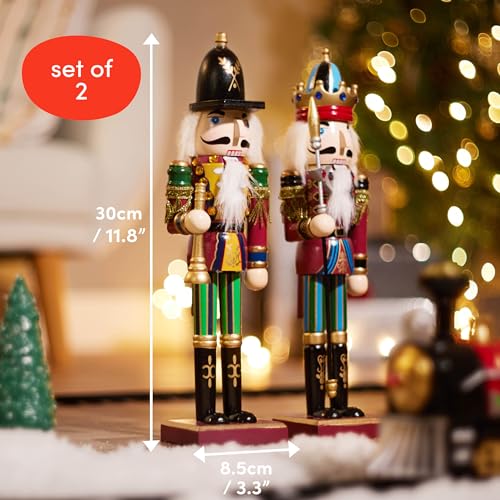 THE TWIDDLERS 2 Pack 12 Inch Wooden Nutcracker Christmas Decor King & Guard Soldier (Red) Decorative Christmas Nutcracker Figures, Nutcracker Christmas Decorations, Cascanueces de Navidad in Gift Box