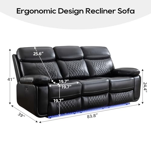 Power Reclining Sofa Couch with Wireless Charger, 3 Seaters with Recliner, Faux Leather Electric 3 Seat Sofa Sectional Set with LED light for living room,Home Theater Seating With Drop-Off Table,Black