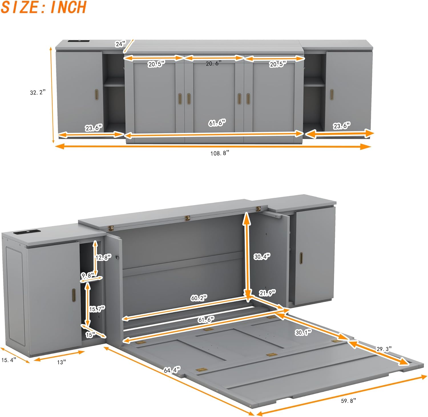UBGO Queen Size Murphy Bed with Storage Shelves and Cabinets,2 in 1 Murphy Cube Cabinet Bed with USB Ports,Space-saving Wooden Bedframe for Bedroom,Guest Room Lounge or Office, Apartment-Gray