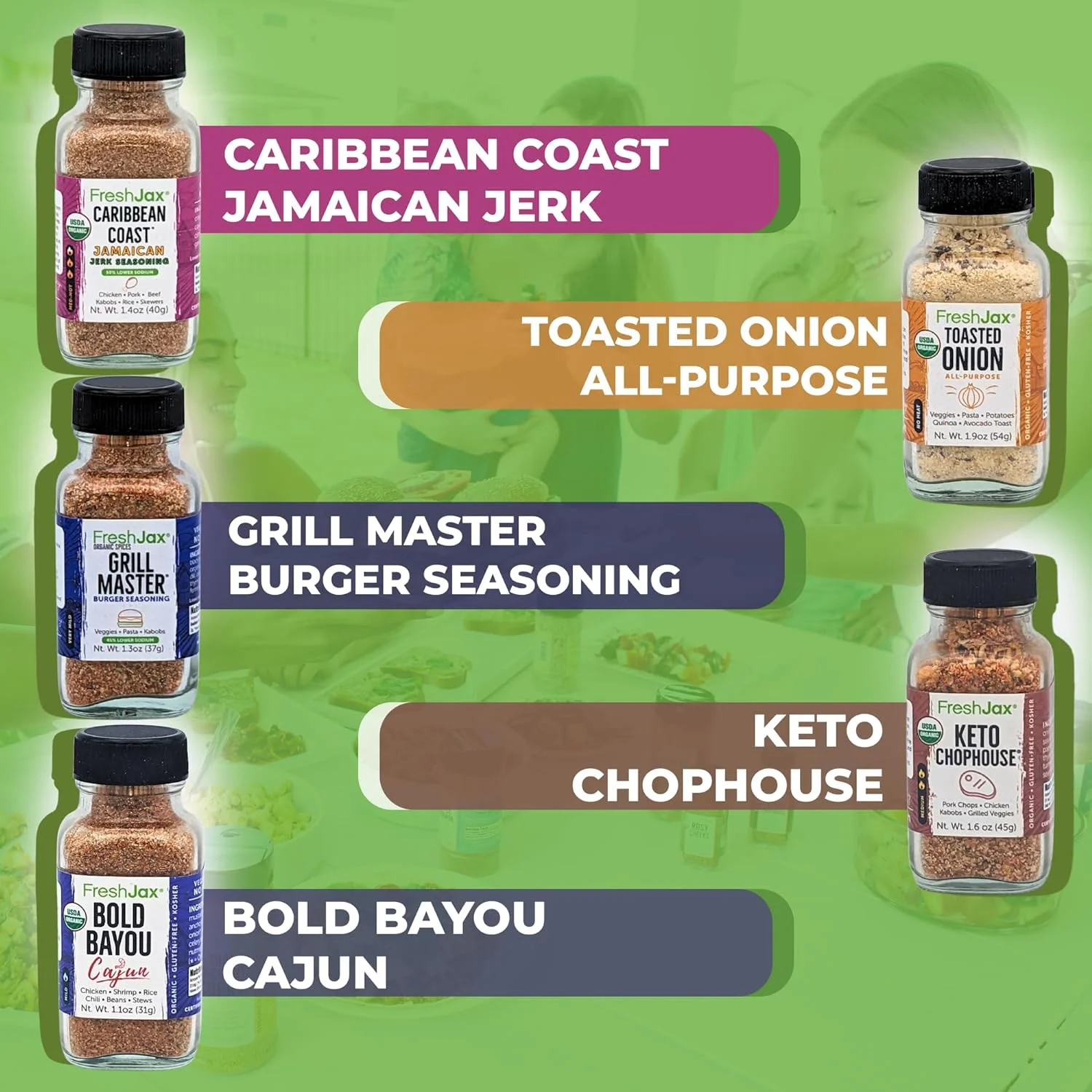 FreshJax Keto Seasoning Gift Set | Pack of 5 Organic Keto Premium Spices and Seasonings | Toasted Onion, Grill Master, Carribbean Coast, Bold Bayou, and Keto Chophouse - Keto Gift Set