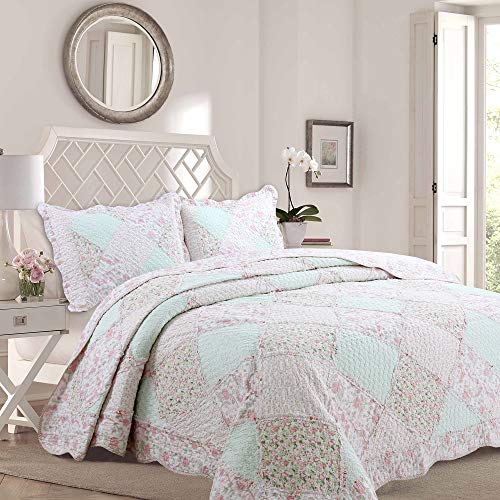 Cozy Line Home Fashions Pastel Floral Rose Garden 3-Piece Soft Pink Peach Green Ruffle Patchwork Cotton Reversible Queen Quilt Bedding Set