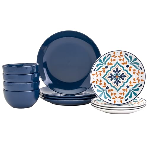 Tabletops Gallery 12-Piece Isabella Patterned Ceramic Dinnerware Set of Kitchen Dishes, Dinner Plates, Cereal Bowls, Service for 4, Blue