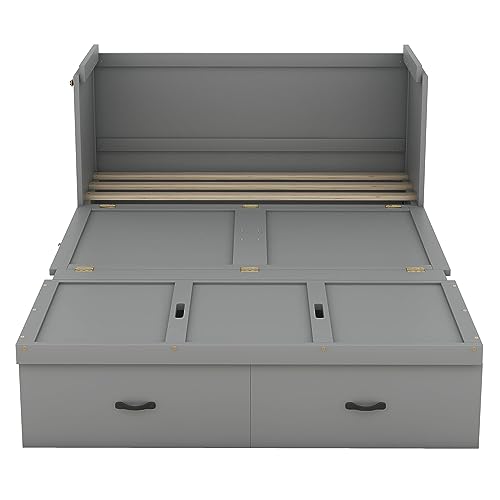 Full Size Murphy Bed, Cube Cabinet Space-Saving Murphy Bed with Shelf and Built-in Charging Station for Multipurpose Guest Room or Home Office,Gray
