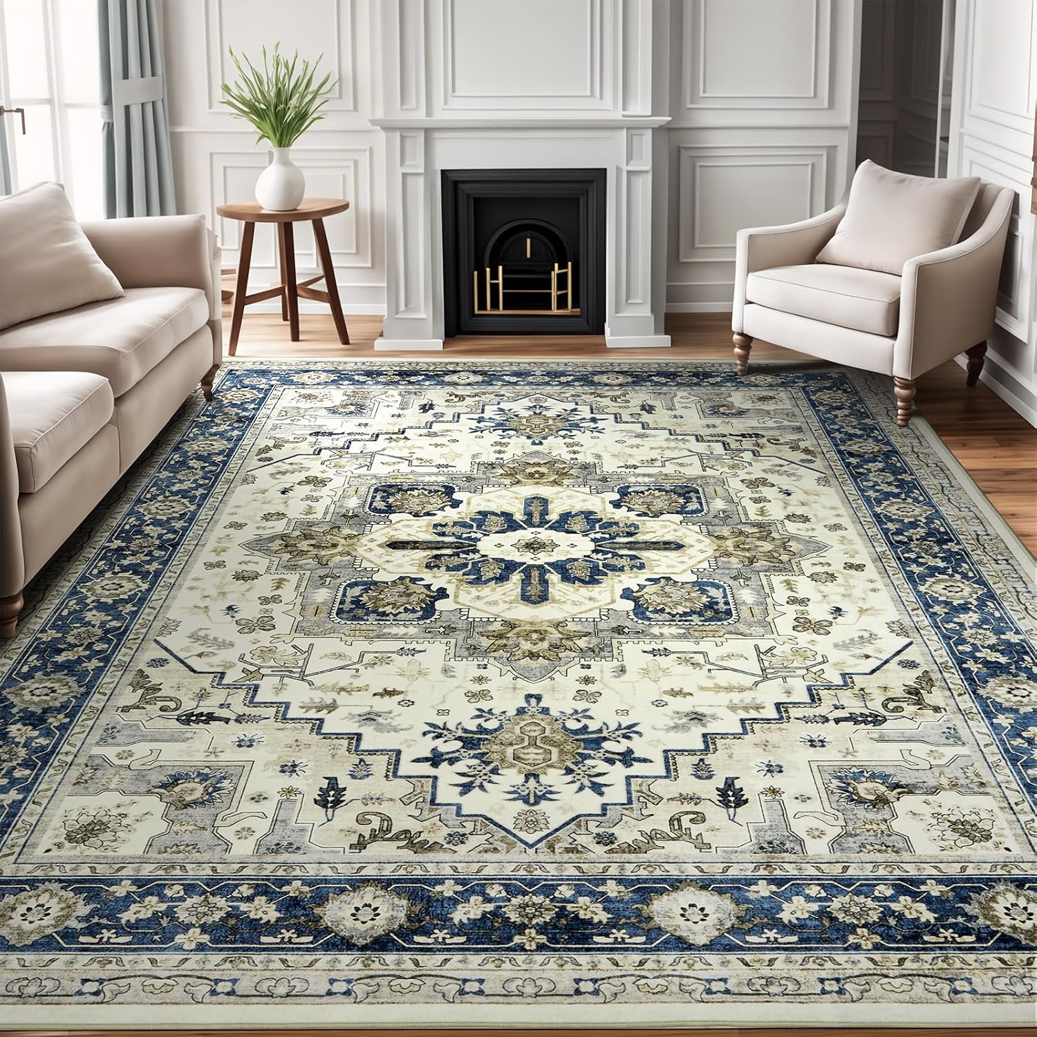 Large Area Rug for Living Room 8x10 - Machine Washable Soft Vintage Rug Oriental Boho Area Carpet Thin Farmhouse Rugs Non Slip Floor Rug Low Pile Rug for Bedroom Dorm Office House Decor
