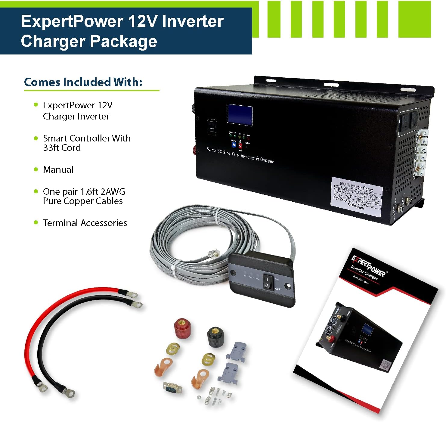 ExpertPower 2.5KWH 12V Solar Power Kit | LiFePO4 12V 100Ah, 400W Mono Solar Panels, 30A MPPT Solar Charge Controller, 3KW Pure Sine Wave Inverter Charger | RV, Trailer, Camper, Marine, Off Grid