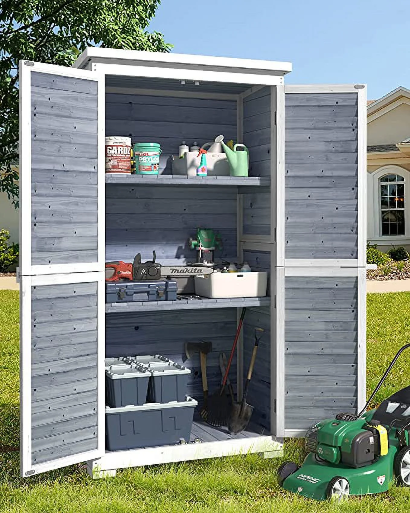 Lofka Outdoor Storage Cabinet Garden Shed w/ Asphalt Roof, Gray