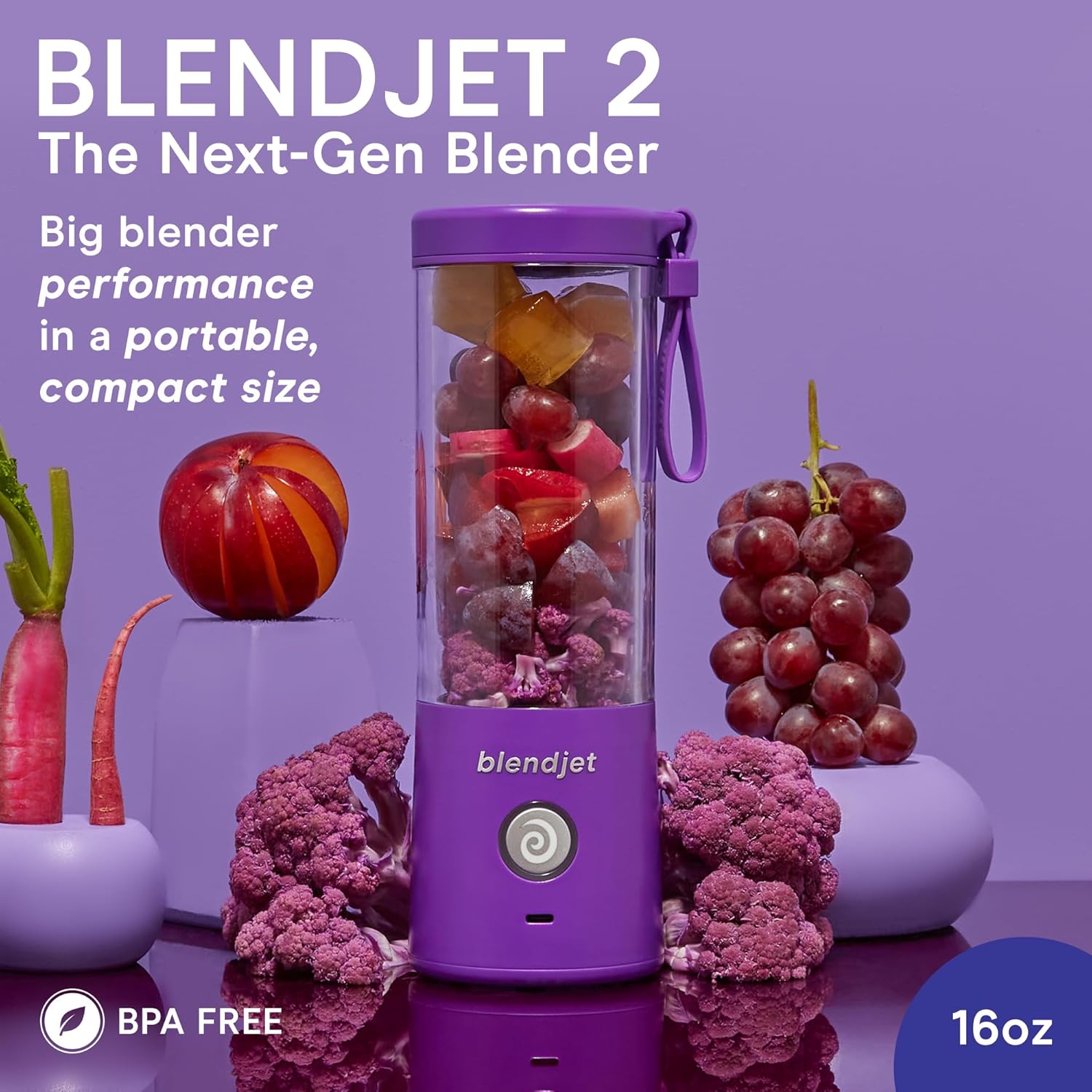 BlendJet Portable Blender for Smoothies & Shakes - 16oz BlendJet 2 Cordless Personal & Small Blender, USB-C Rechargeable & Self Cleaning - Quiet Mini Travel Blender with Stainless Steel Blade (Purple)