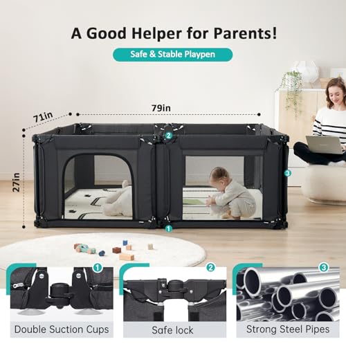Doradotey Baby Playpen, Shape &Size Adjustable Large Baby Playard for Babies and Toddlers, Foldable Playpen Baby Fence Indoors Play Center Yards, Breathable Mesh Anti-Fall Play Pen 79x71, Black