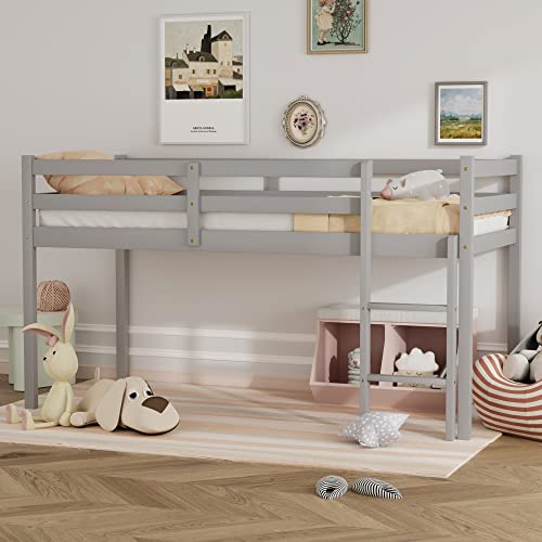 Tmosi Low Loft Bed Twin,Solid Wood Kids Twin Bed Frame with Ladders and Guard Rails,Space Saving Twin Size Loft Bed for Girl Boy,No Box Spring Needed,Easy to Assembly (Built-in Ladder-Grey)
