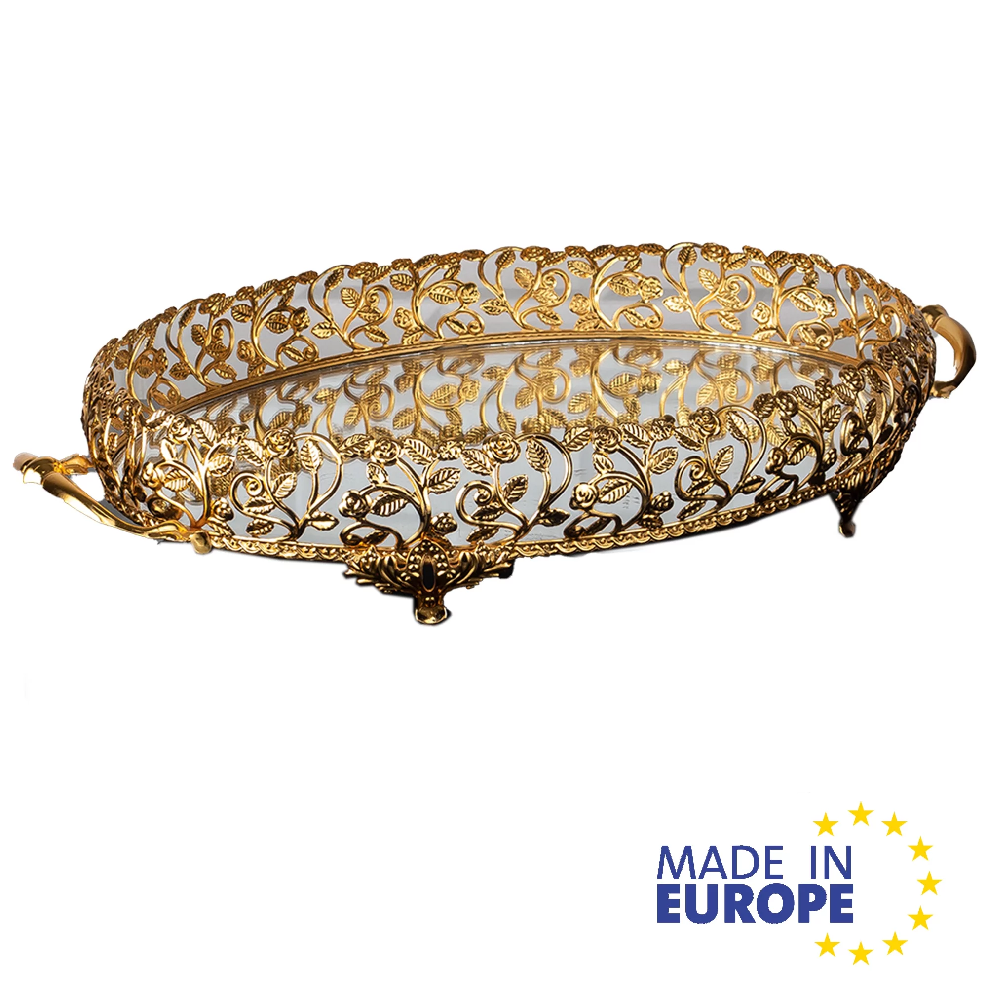 Metal Handmade Filigree Mirrored Tray for Gift, Fancy Perfume Trays for Dresser, Oval Mirror Vanity Trays for Bathroom,&nbsp; 17.3