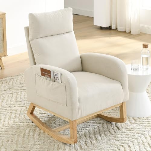 NIOIIKIT Modern Nursery Rocking Chair, Teddy Upholstered Glider Chair with High Back and Side Pocket, Comfy Accent Armchair with Wood Legs, Recliner Chair for Living Room (Grey Teddy)