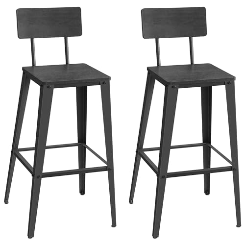 VASAGLE Set of 2 Bar Stools, Bar Height Stools, Tall Bar Stools with Back, Bar Chairs, Steel Frame, Industrial Style, Easy Assembly, Ash Black and Ink Black ULBC078B02