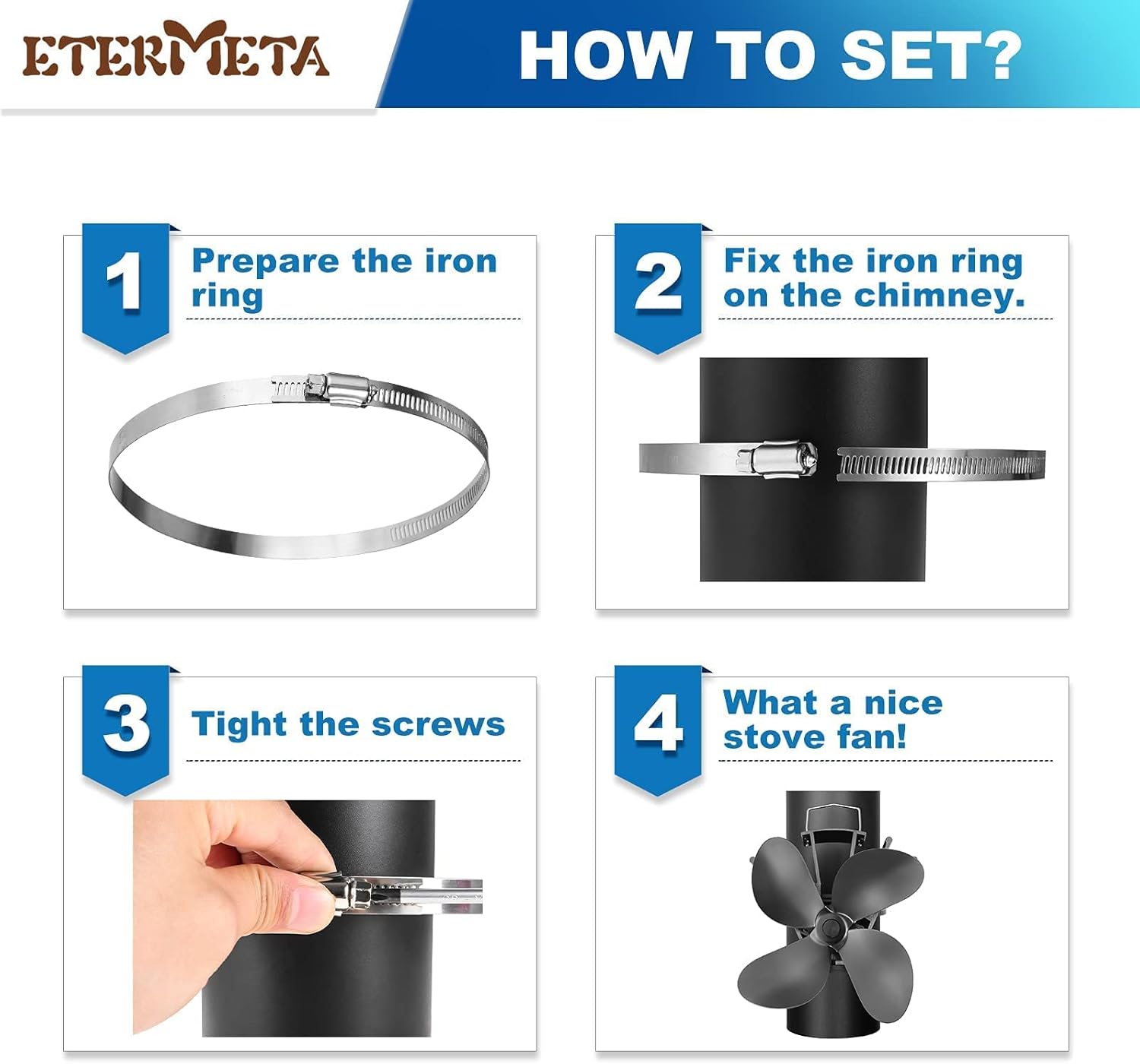 Etermeta Stove Fan, 4 Blade Pipe Hanging Fan, Heat Activated Fan for Wood Stove, with Stove Thermometer for Wood/Log Burner/Fireplace, Eco Friendly Efficiently Fireplace Fan Pack of 2