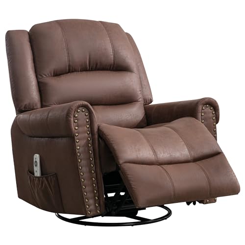 Swivel Rocker Recliner, Leather Recliner Chair with Massage & Heating Function, Manual Recliner Chair with Swivel & Rocking and Reclining, Extra Wide Recliner with Pocket and Nailhead Decor (Brown)