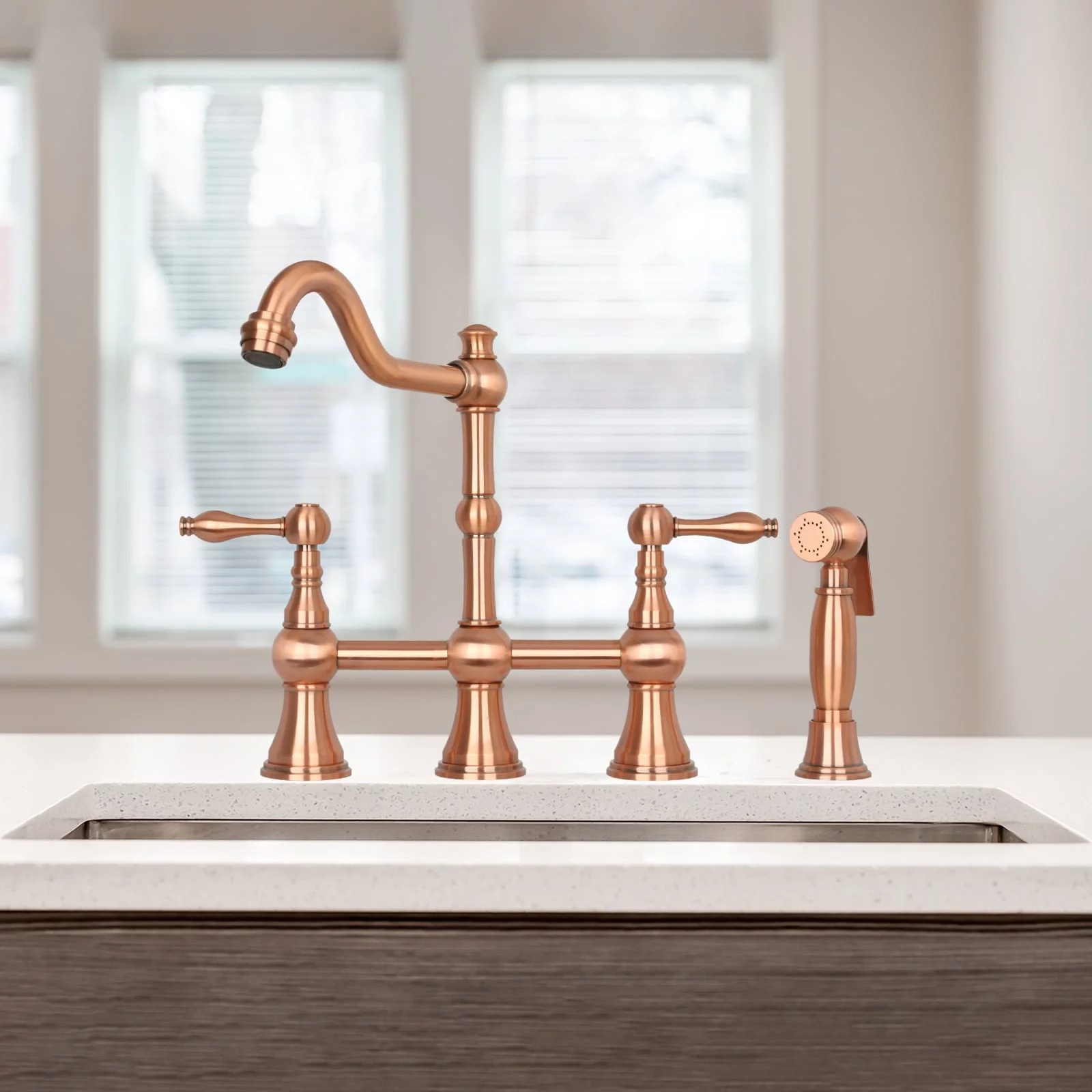 Two-Handles Bridge Kitchen Faucet with Side Sprayer Copper Copper Finish