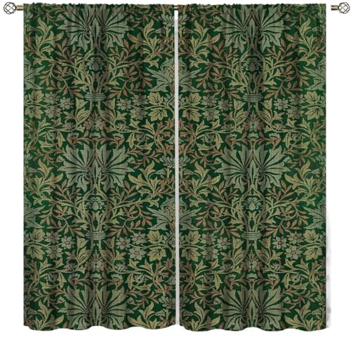 Vintage Curtains William Morris Floral Design Strawberry Thief Vintage Green Living Room Curtains for Kitchen Bedroom Printed Curtains 42x45 Inch 2 Panels(Decor)