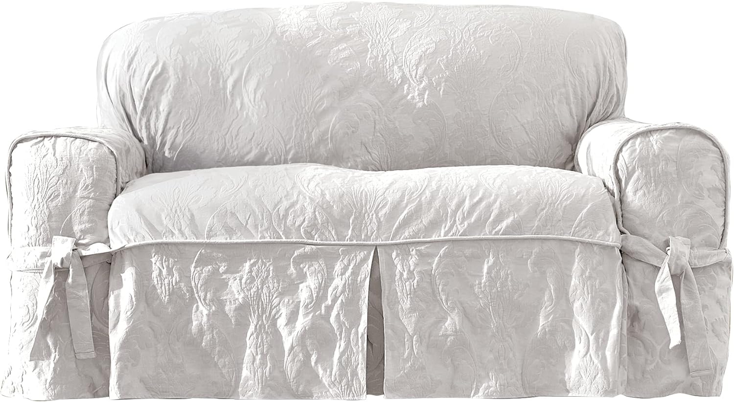Matelasse Damask Furniture Cover, Loveseat - Box Cushion, White