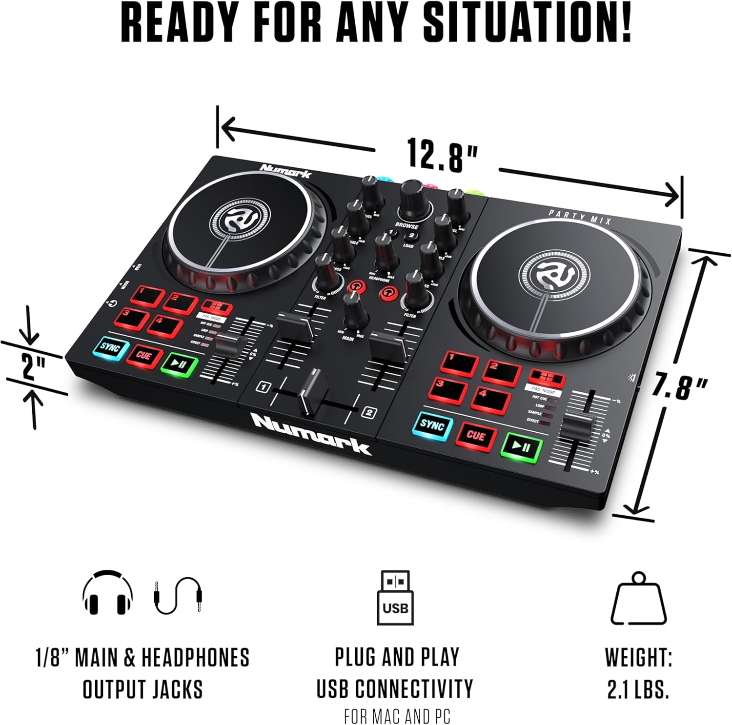 Complete DJ Equipment Package - Numark Party Mix 2 DJ Controller with Party Lights, M-Audio BX3 3.5 Inch DJ Speakers, and Serato DJ Lite