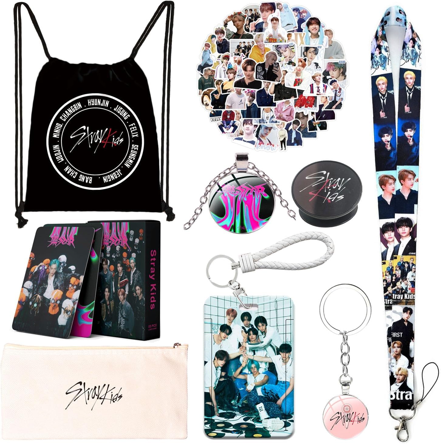 Stray Kids Merch Gift Set, Including Stray Kids Album Photocards, Sticker, Drawstring Bag, Lanyard, Cards Holder, Keychain, Neacklace, Phone Holder, large, Black