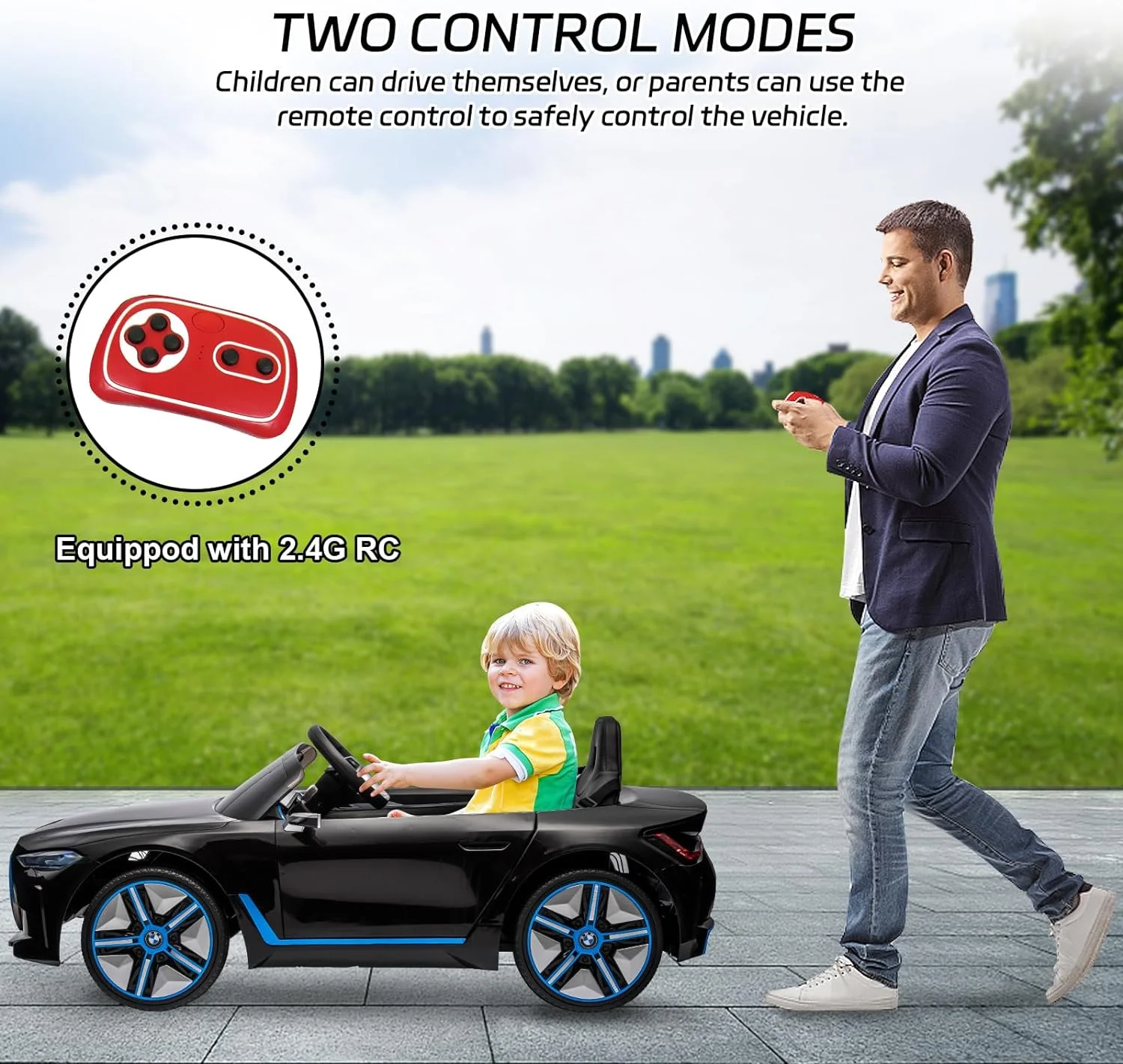 BMW i4 12V Kids Electric Ride-On Car with 2.4G Remote Control, Battery Powered Electric Vehicle Toys Car for 3-8 Years Old, Safety Belt, LED Lights, MP3, Horn, Music, Best Gift for Boys Girls (Black)