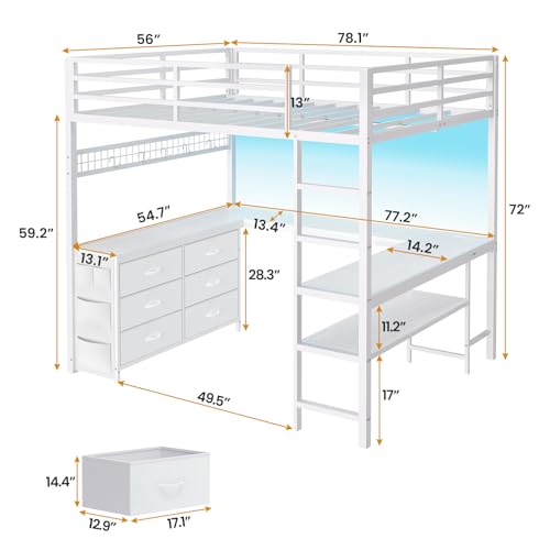 ADORNEVE Loft Bed Full Size with U-Shaped Desk, 6 Storage Drawers, Power Outlet, LED Metal Loft Bed with 2 Storage Shelves, Bed with Safety Guardrail & Ladders, No Box Spring Needed, Rustic Brown