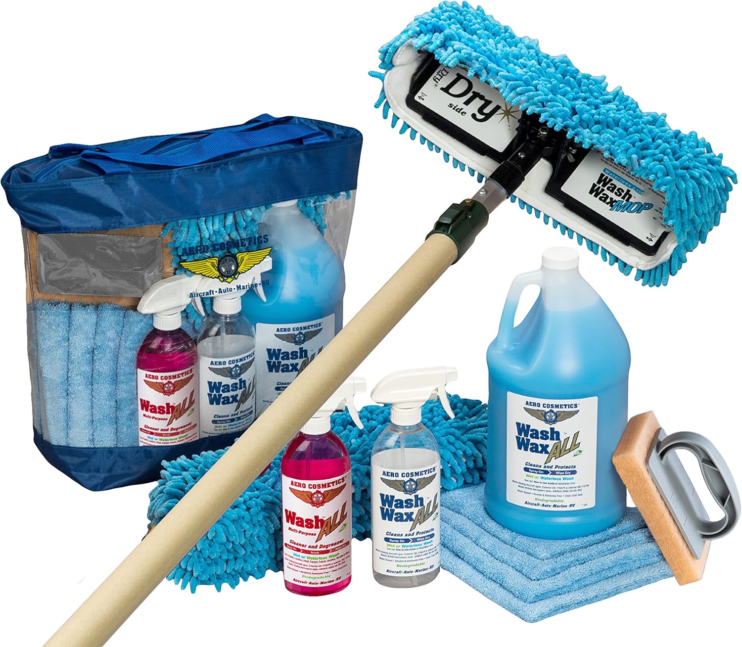 Aero Cosmetics Waterless RV Aircraft Boat Wash Wax Mop Kit with Deluxe Pole (3' 9
