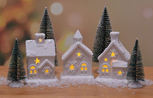 Mark Feldstein & Associates Unglazed Porcelain Pre Lit LED Cozy Knit Winter Village with Trees, 7 Piece Tabletop Set