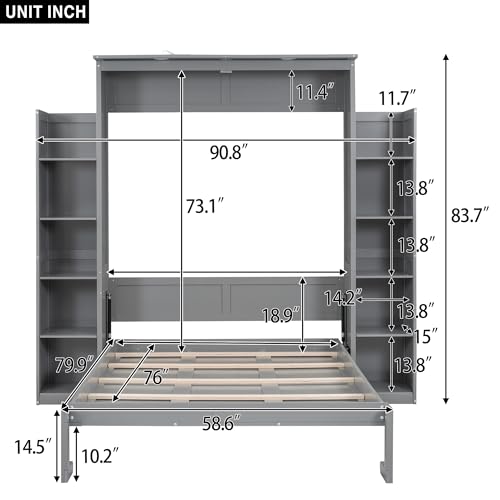 Merax Full Size Murphy Bed, Wooden Full Wall Bed with Shelves and LED Lights, Gray