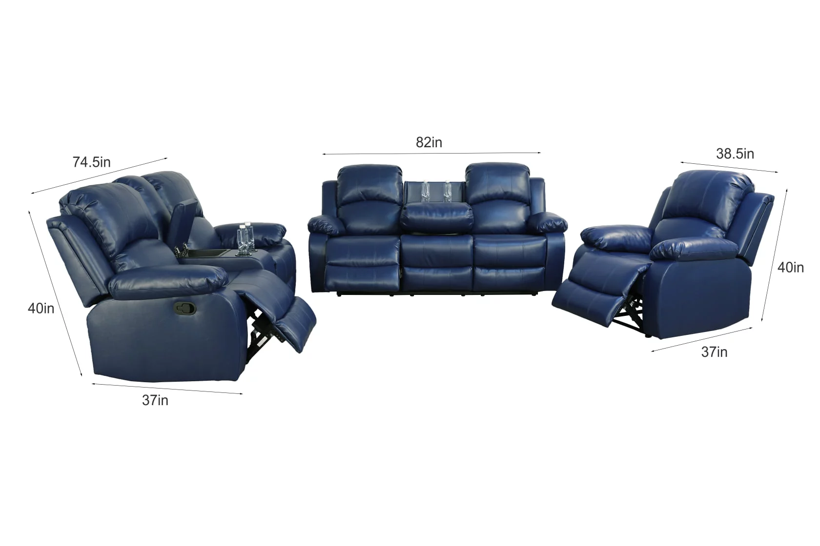 Ainehome Recliner Living Room Set, 2 PCS Sofa & Loveseat Set with Drop Down Table & Central Console for Living Room (Blue, Bonded Leather)