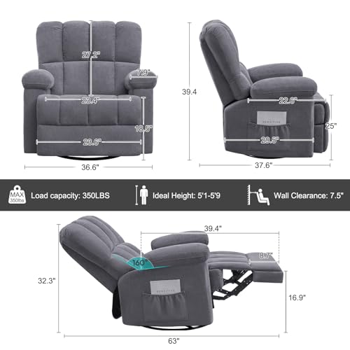 CDCASA Oversized Swivel Rocker Recliner Chair, Chenille 360° Swivel Glider Rocking Chairs for Big Man, Manual Reclining Sofa Chair for Living Room, Theater, Nursery,1PC,Grey