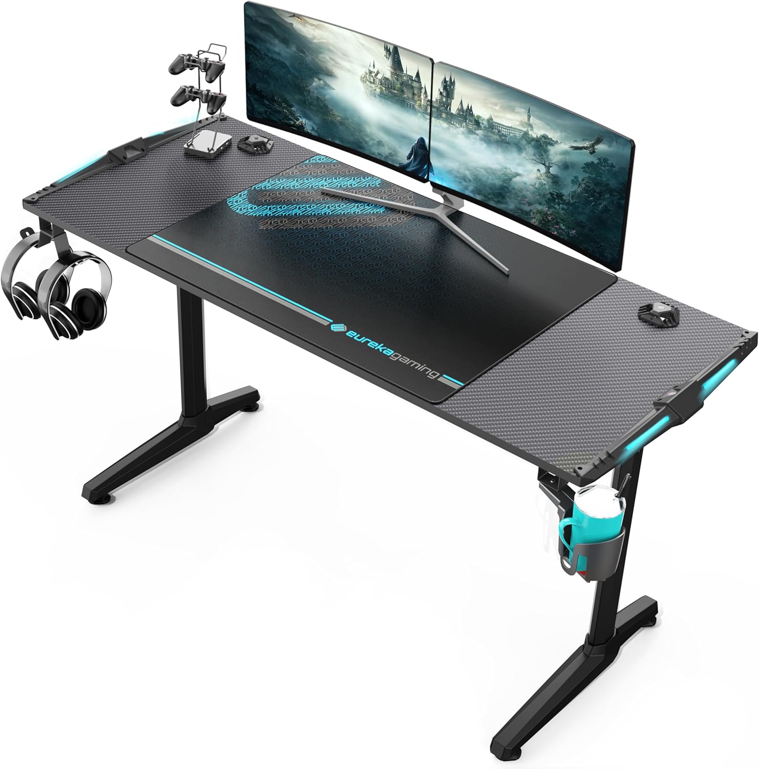 EUREKA ERGONOMIC RGB Gaming Desks, 55 Inch Computer Desk PC Studio Gamer Table Home Office Workstation, w Free Mouse Pad,USB Ports Controller Stand Cup Headset Holder Black for Game