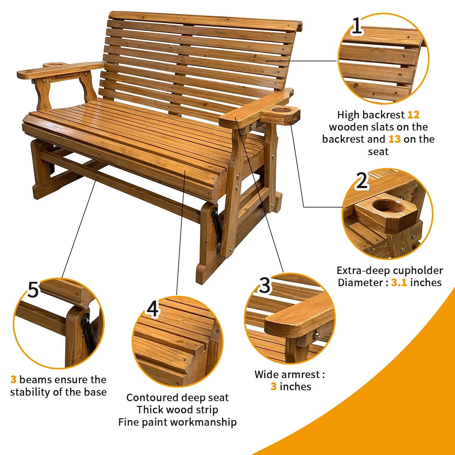 Innovaze 4 Foot Solid Fir Wood Patio Glider with Cupholders, High Roll Back, and Deep Contoured Seat, Brown